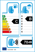 Opór toczenia: C, Hamowanie na mokrej nawierzchni: B, Hałas zewnętrzny: 2 - 70dB Opór toczenia: C, Hamowanie na mokrej nawierzchni: B, Hałas zewnętrzny: 2 - 70dB