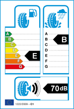Opór toczenia: E, Hamowanie na mokrej nawierzchni: B, Hałas zewnętrzny: 2 - 70dB Opór toczenia: E, Hamowanie na mokrej nawierzchni: B, Hałas zewnętrzny: 2 - 70dB